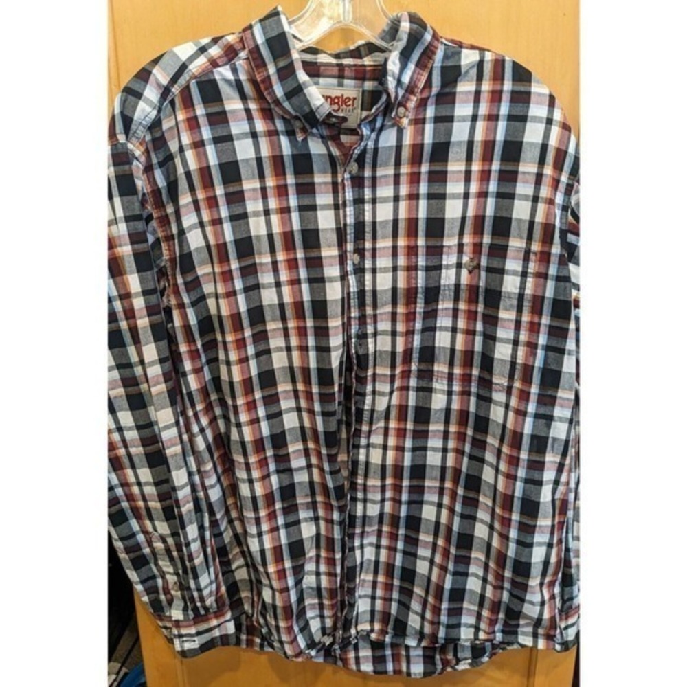 Wrangler Rugged Large Shirt Mens Large Red Black Plaid Cotton Western Outdoor‎
